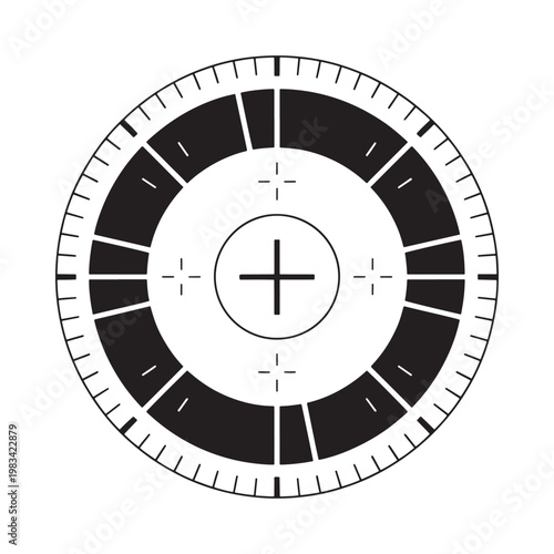 Black and white circular target with a central crosshair design
