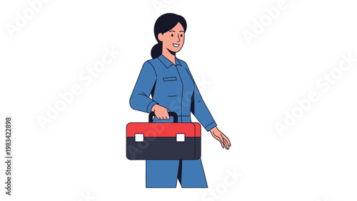 A Confident Worker: A skilled worker strides purposefully, carrying a toolbox with resolve, embodies dedication and expertise in her profession.