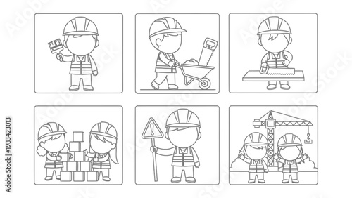 Construction Crew: A collection of simple illustrations depicts construction workers in various roles, from laying bricks to operating machinery.