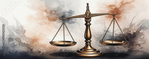 Balanced Justice Scale Illustration with Watercolor Background Representing Law, Equality, Fairness, Legal System Concept for Court, Ethics, and Decision Making Designs