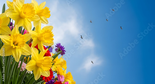Yellow daffodils blooming in spring against blue sky with birds flying overhead.