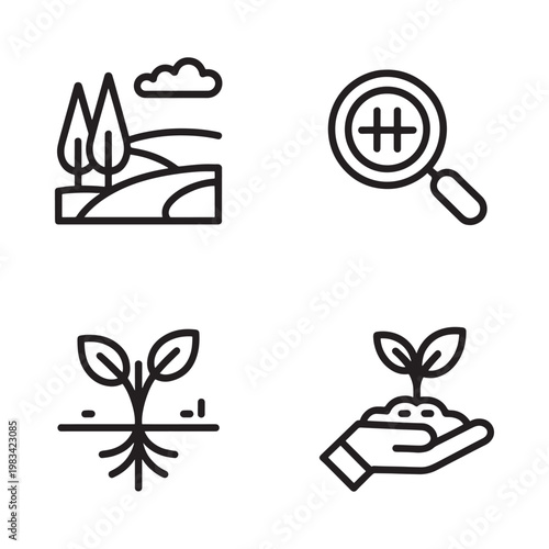Line art icons depicting plant growth research and nurturing concepts