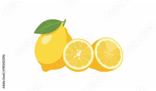 Fresh yellow lemon with leaf and juicy halves vector illustration clean citrus fruit isolated on white background