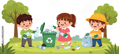Children Collecting Trash and Recycling Waste in Park Illustration Representing Environmental Awareness, Eco Friendly Education, Clean Nature Campaign, and Sustainable Lifestyle Concept