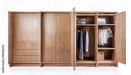 Light wood wardrobe with open doors and clothing