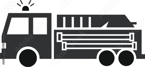 Minimal silhouette icon of a fire truck with ladder and siren, symbolizing firefighting, emergency response, and rescue services. Ideal for safety signs, apps, and infographics