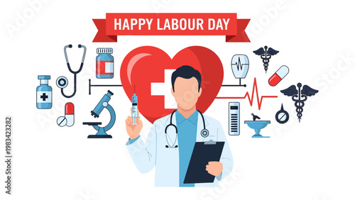 Celebrating Labor Day: A tribute to the dedication of the healthcare hero, who tirelessly serves in the medical field. The image is filled with iconic symbols and elements of healthcare.