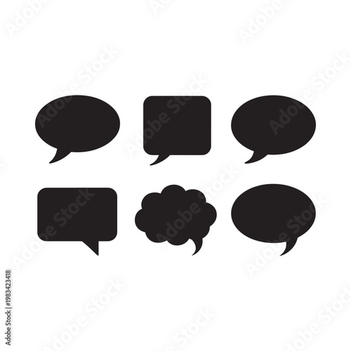 Various black speech bubbles and thought balloons arranged in a grid