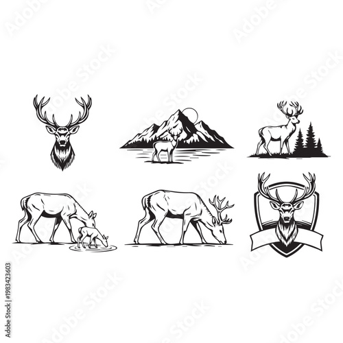 Wild Deer Family and Majestic Stag Vector Elements with Mountain Scenery and Heraldic Shield