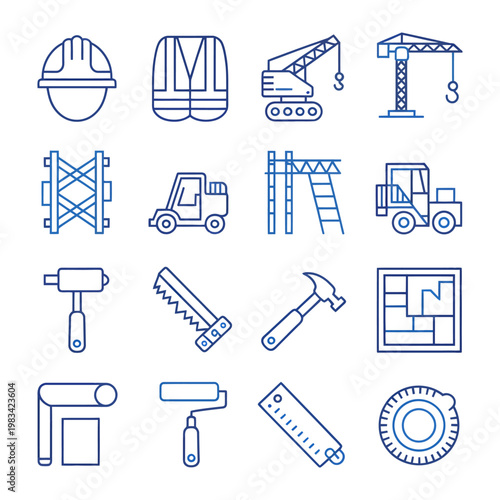 Construction Tools and Equipment: A set of blue line art icons of various tools and equipment used in construction, including hard hats, safety vests, cranes, ladders, and saws. 