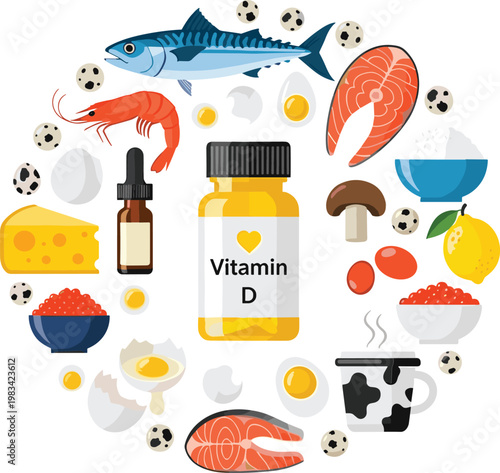 Vitamin D Rich Foods and Supplements Including Fish, Shrimp, Cheese, Eggs, and Vitamin D Bottle"