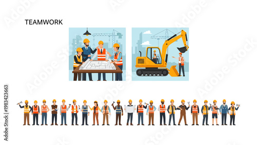 Constructive Teamwork: A graphic representation of a construction site showing architects, builders and heavy machinery, symbolizing teamwork in action.