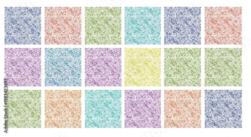 Vibrant and abstract geometric patterns in a grid of colorful, textured squares, showcasing a spectrum of hues and artistic design