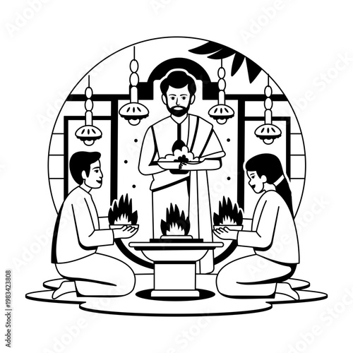 An illustration of puja ceremony designed in glyph style
