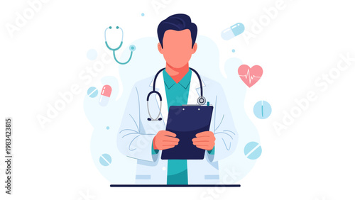 Medical Professional at Your Service: A dedicated doctor, poised and ready, stands with clipboard in hand, stethoscope draped, pills, and a vital heartbeat. Illustrating care, compassion.