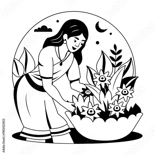 Glyph style illustration showing a character picking flowers