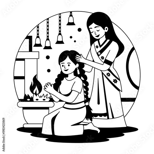 Glyph style illustration depicting a character braiding hair