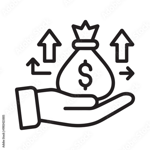 A hand holding a bag of money with arrows pointing upwards and outwards