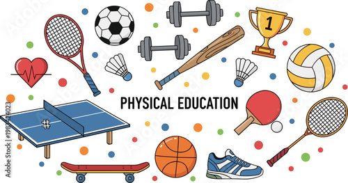 Physical Education Equipment Including Balls, Rackets, Weights, Shoes, and Sports Gear for Active Lifestyle"