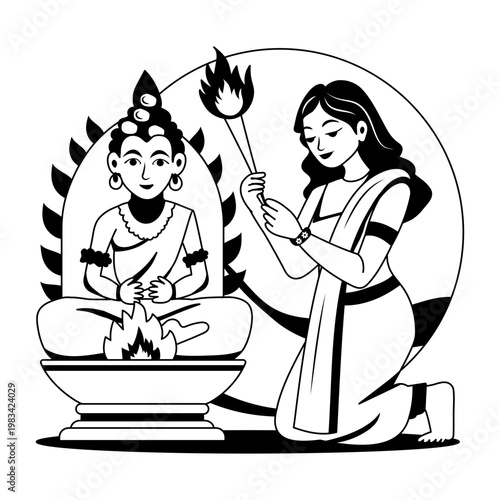 An illustration of religious ritual designed in glyph style