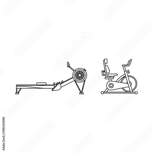 Line drawing of a rowing machine and exercise bike side views