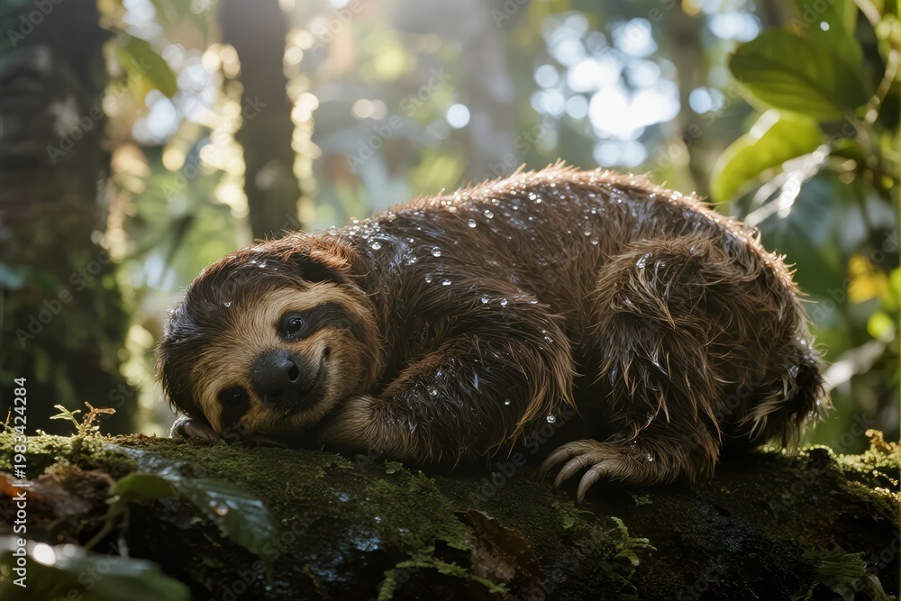 Naklejka premium A sloth resting on a moss-covered log in a lush forest, with sunlight filtering through the trees.