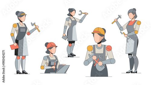 Engineering Woman at Work: A set of illustrations showcasing a female engineer equipped with tools, representing the strength and capabilities of women in STEM fields.