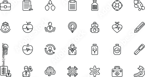 Healthcare and Wellness Line Icons Set Medical Fitness Nutrition Outline Vector Illustration Collection