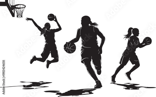 Silhouetted basketball players in dynamic motion on court black and white