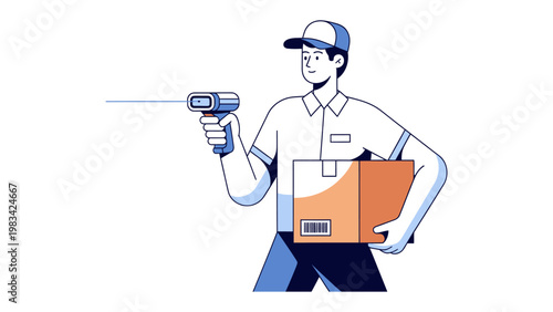 Courier Scanning Package: A diligent courier, clad in uniform, meticulously scans a parcel with a handheld scanner. A depiction of logistics efficiency and the smooth operation of delivery services.
