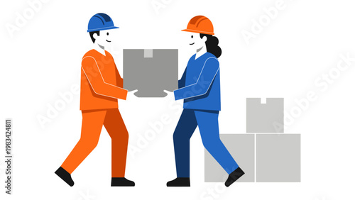 Workers' collaborative delivery: A representation of collaborative effort as two professionals carefully handle and transport a box, with more boxes arranged in the background.