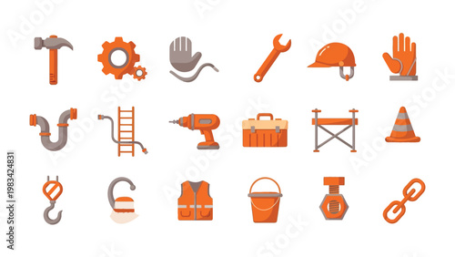 Construction Tools and Equipment Set: A comprehensive collection of construction tools and equipment, essential for various construction tasks, arranged neatly against a bright backdrop. 