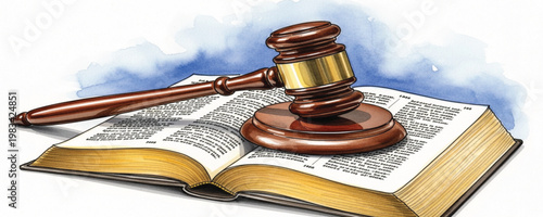 Judge Gavel on Law Book Watercolor Illustration Representing Legal System, Justice, Court Decision, Authority, and Judicial Process Concept for Law and Regulation Design