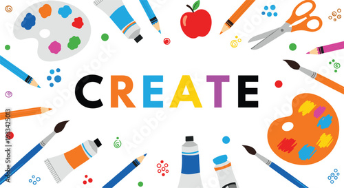 Creative Design with Art Supplies Including Paint, Pencils, Scissors, and Brushes for Artistic Inspiration