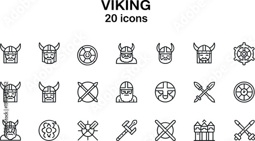 Viking Icons Set Norse Warrior Helmet Weapons Symbols Line Outline Vector Illustration Collection
