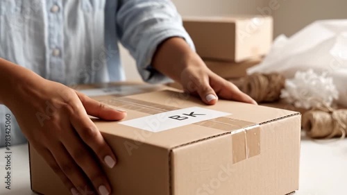 Hands packing a cardboard box for shipping on a table with packing supplies