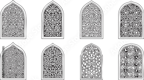 Six black and white gothic architecture style windows with intricate geometric patterns