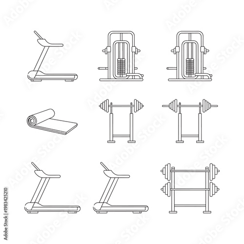 Line art illustrations of gym equipment treadmills weights and yoga mats