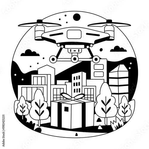 A glyph style illustration showing drone delivery