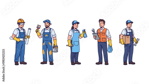 Diverse professionals in their industries : An illustrative group of professionals from various industries are presented, demonstrating their different professions with tools and accessories in hand.