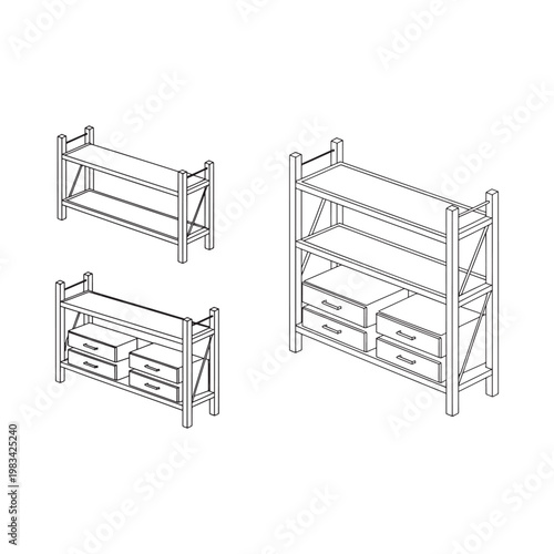 Isometric illustration of three wooden shelving units with drawers