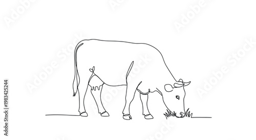 Minimalist continuous line drawing of cow grazing on grass, farm animal agriculture