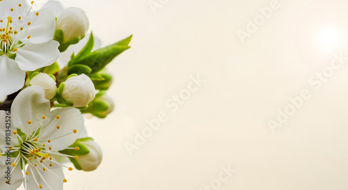 Beautiful white cherry blossoms close-up on a light background, sunny spring day.