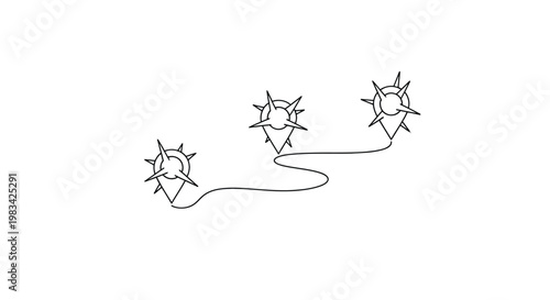 Continuous line path connecting three spiky map pins, journey route navigation