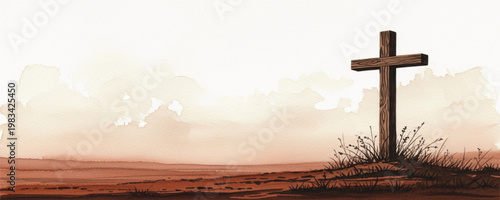 Wooden Cross on Hill Watercolor Illustration Representing Faith, Christianity, Spirituality, Hope, Religion, and Peaceful Sacred Landscape Concept for Religious Design