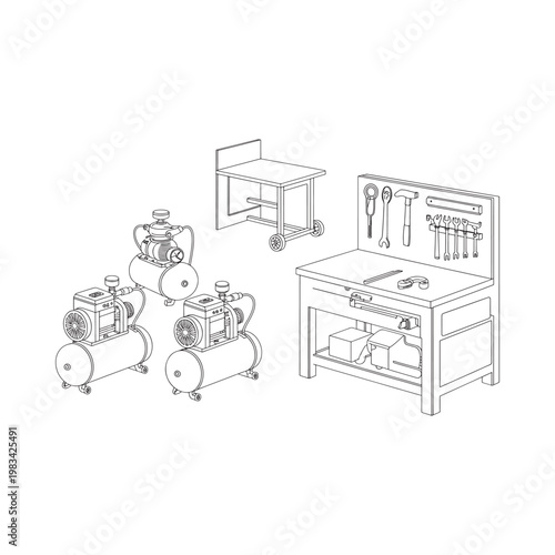 Line drawing of a workshop with air compressors workbench and tools