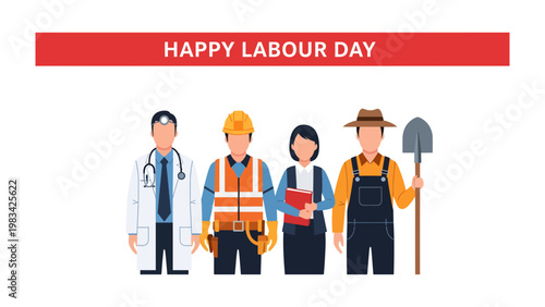 Celebration of Labor Day: An artistic representation of various professionals standing together in unity, illustrating the spirit of labor day. 