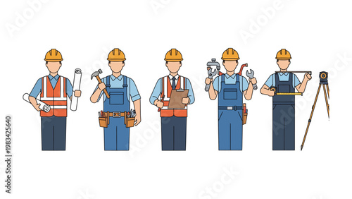 Construction Crew: A collection of construction workers are standing side by side, each holding a different tool, representing the various trades and skills needed on a construction site.