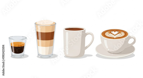 Four different coffee drinks in glasses and cups.