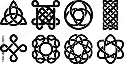 Collection of Eight Black Celtic Knot Designs on White Background knotwork celtic design